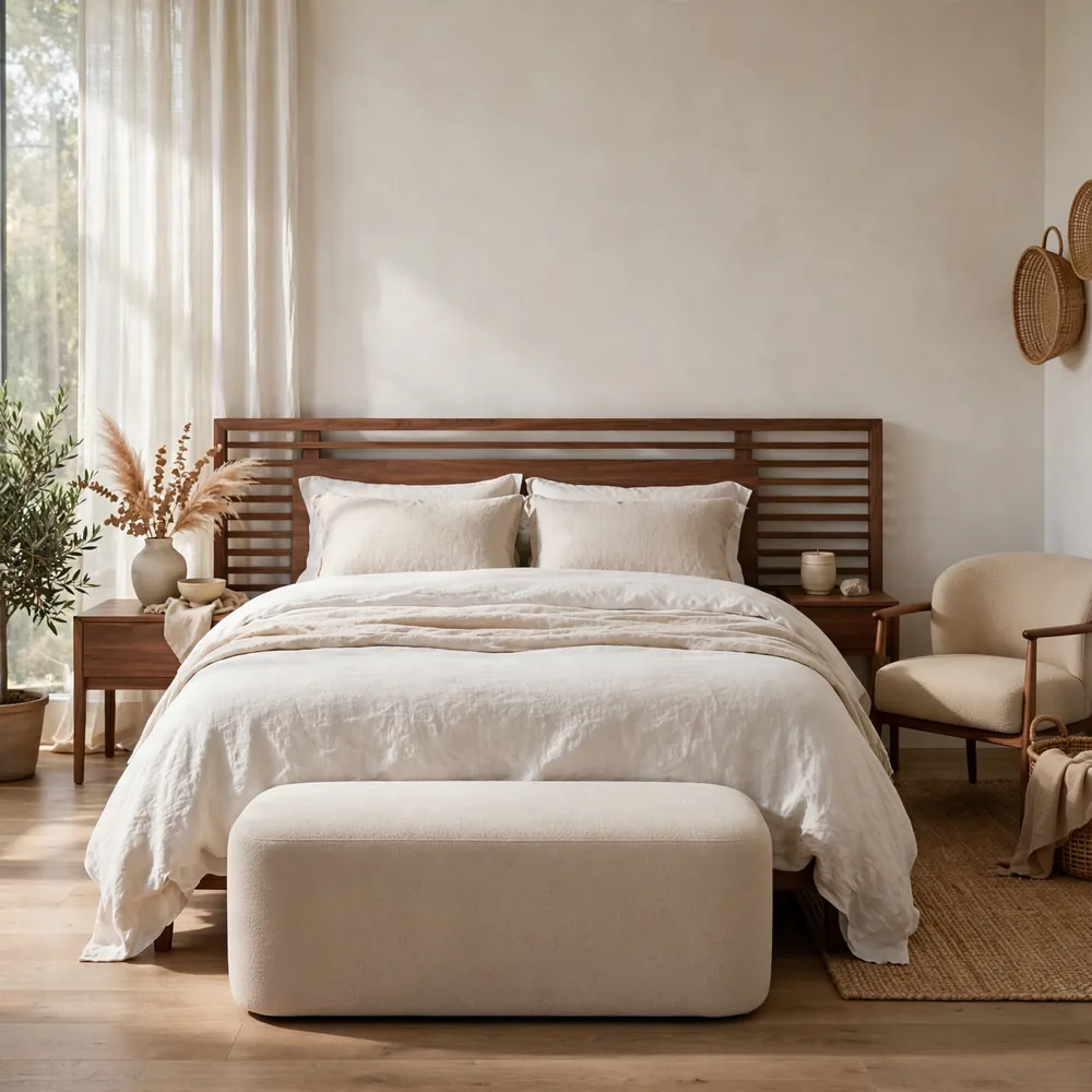 A bedroom with an upholstered bench