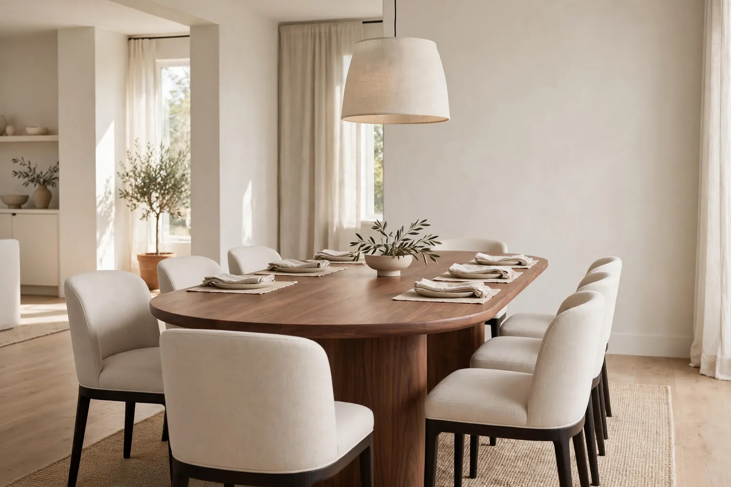 A dining table with eight chairs