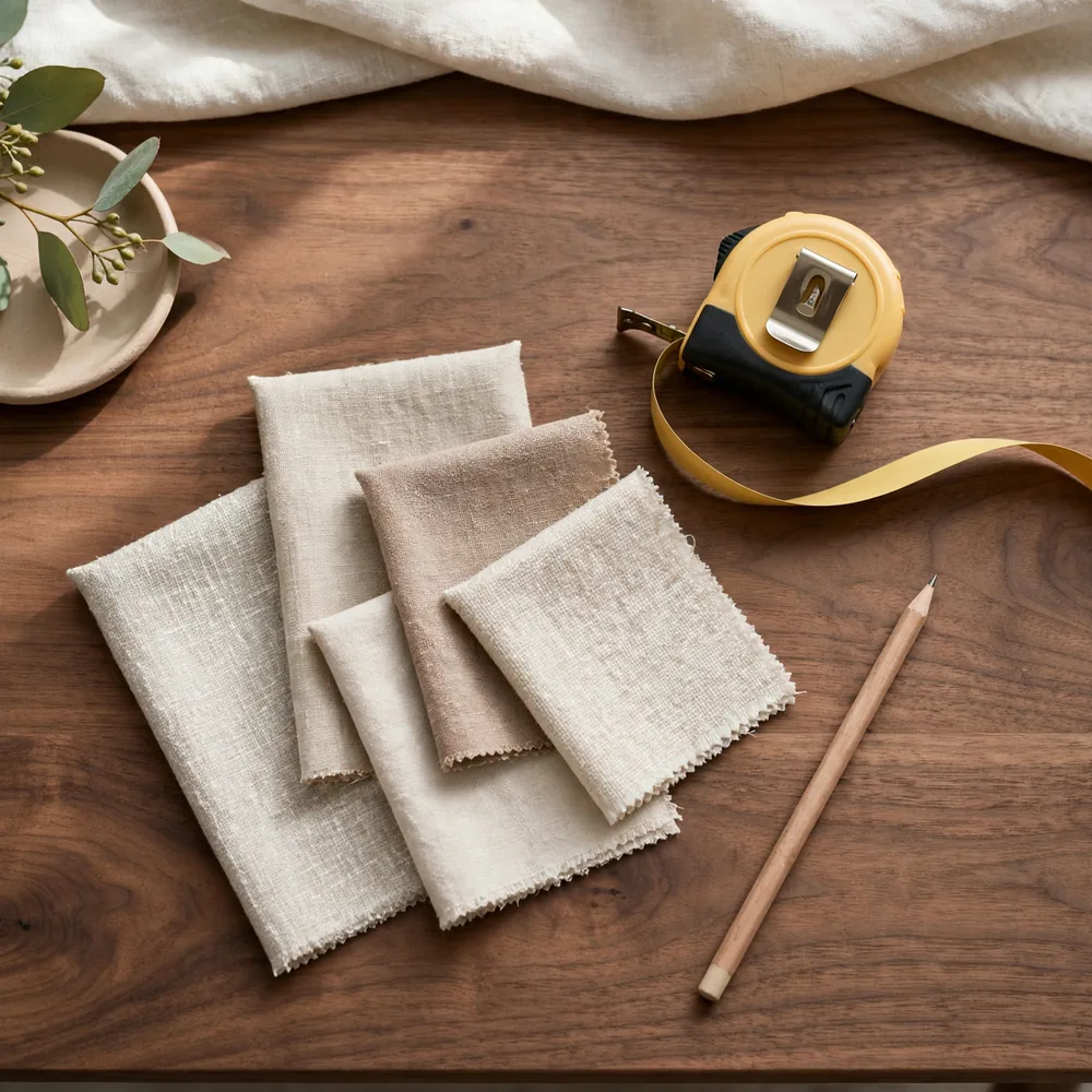 A tape measure and fabric swatches on a desk