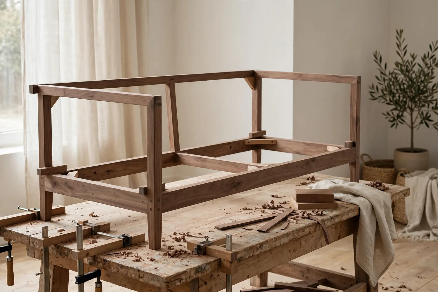 A sofa frame on a workbench