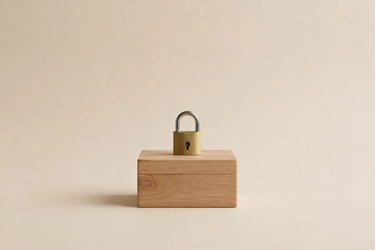 A small padlock on a wooden box